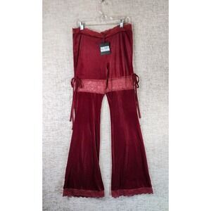 Pretty Damage Velour Lace Pants Womens L Red Pull On Stretch Flare NWT